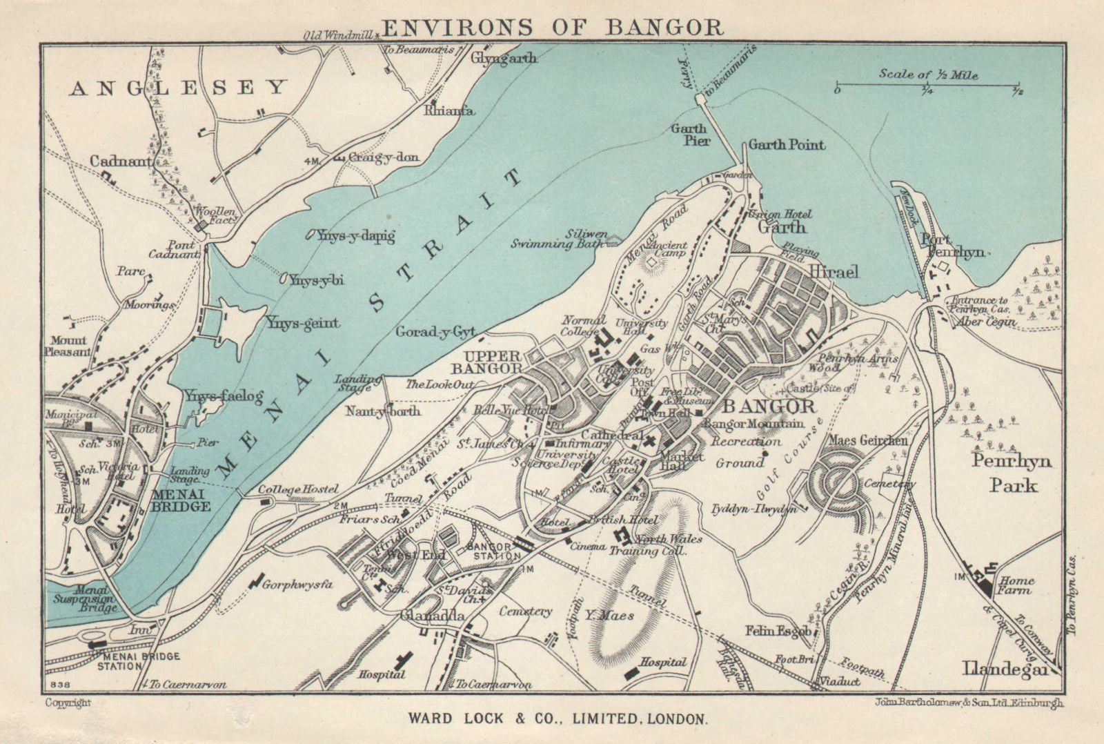 BANGOR vintage tourist town city plan. Menai Bridge. Wales. WARD LOCK 1952 map